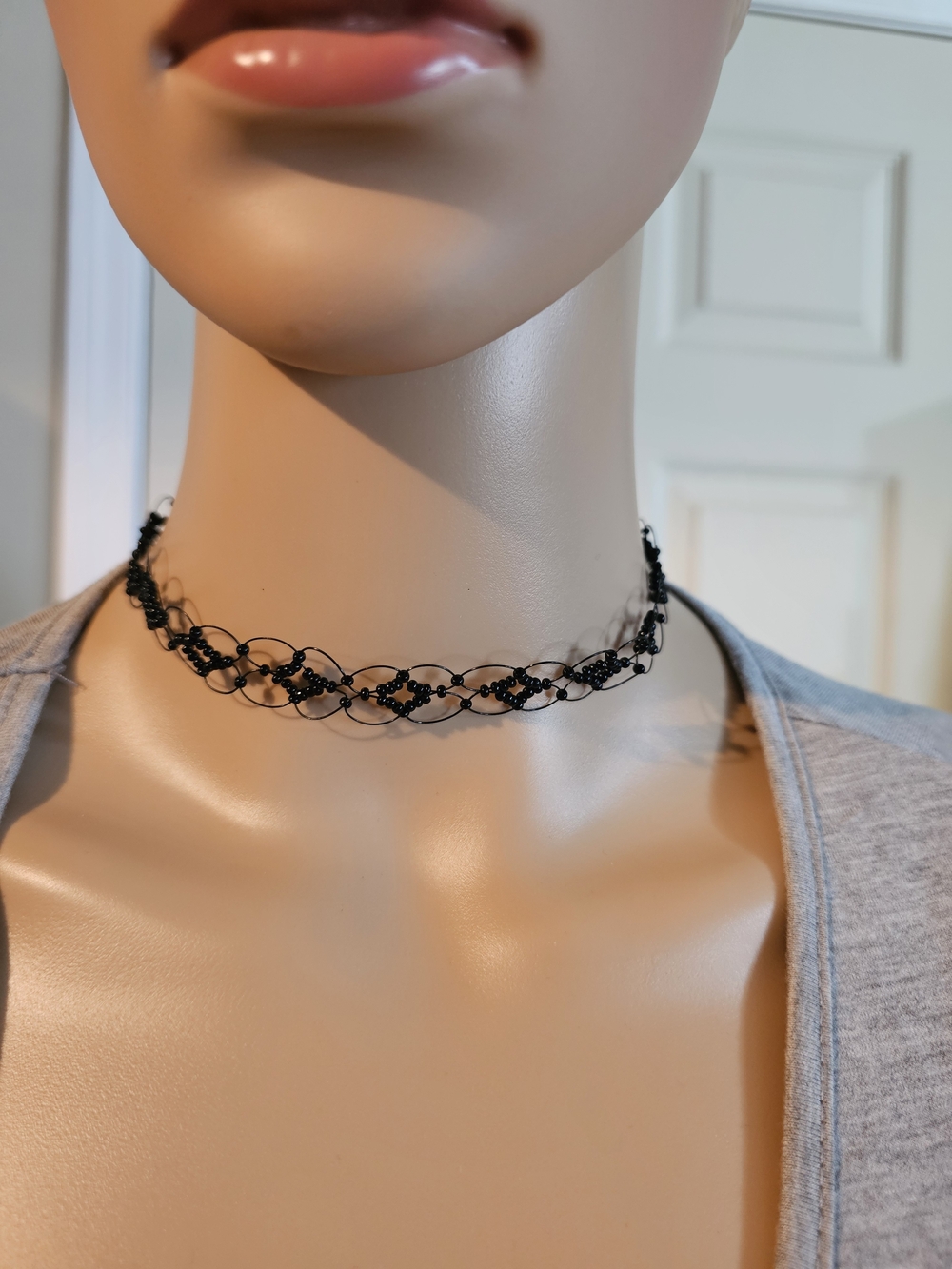 Delicate Black Beaded Lace Choker Necklace - Women Jewelry